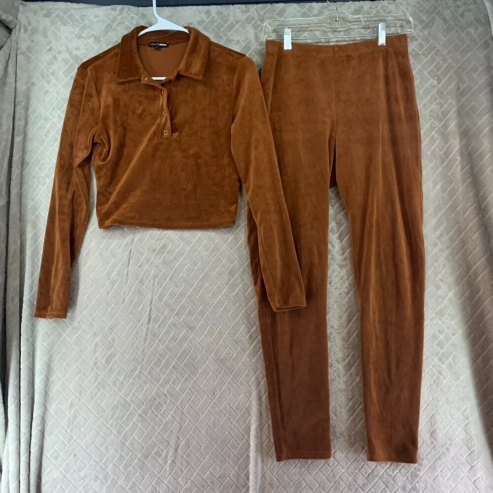 Fashion Nova Crop Top & Pants Set Womens S Brown Velvet Skinny Leggings